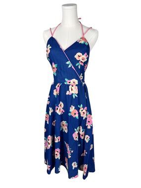 Vintage 50s Fit Flare Blue Floral Sweetheart Neck Pleated Skirt Midi Dress XS